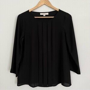 LOFT Box Pleat Front 3/4 Sleeve Blouse in Black, Size XS